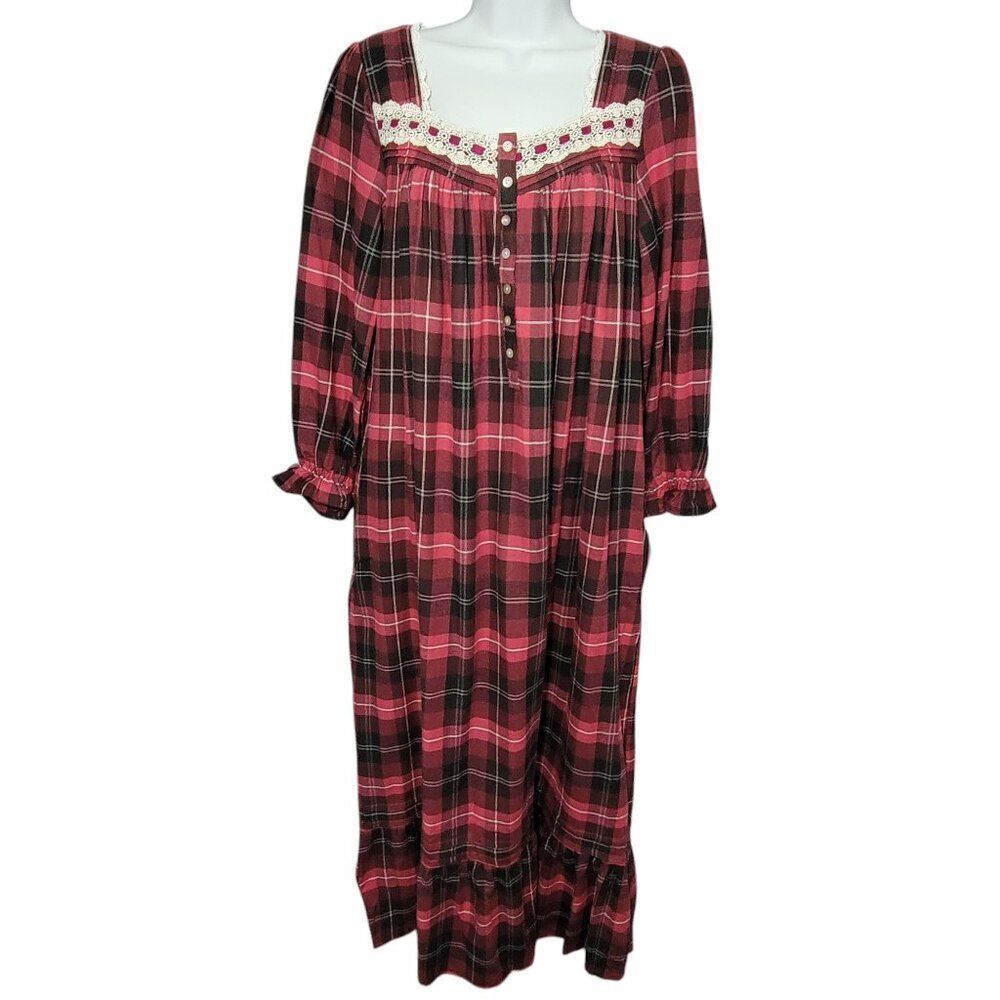 Eileen West Nightgown Womens Size XS Hollyberry Plaid Pajama Long Lace Cottage